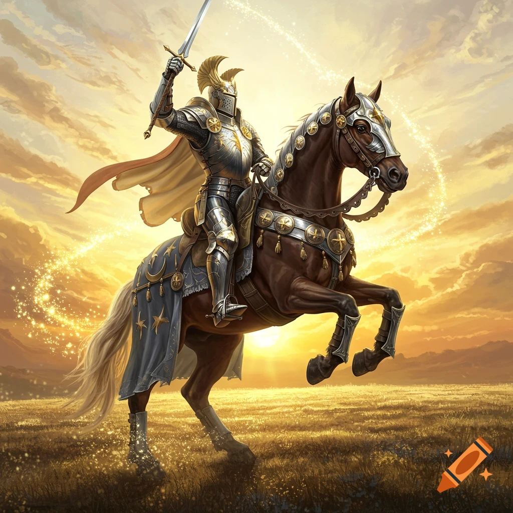 An armored knight on a rearing horse holds a sword high, bathed in golden light with magical sparkles over a field at sunset.