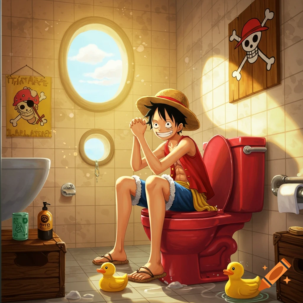 Luffy from One Piece sits on a red toilet in a cartoon bathroom with pirate decor and rubber ducks.