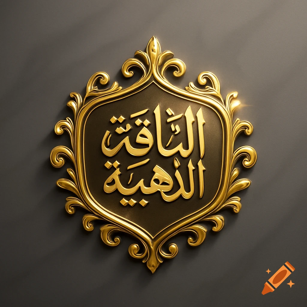 Ornate golden emblem with Arabic calligraphy on a dark background.