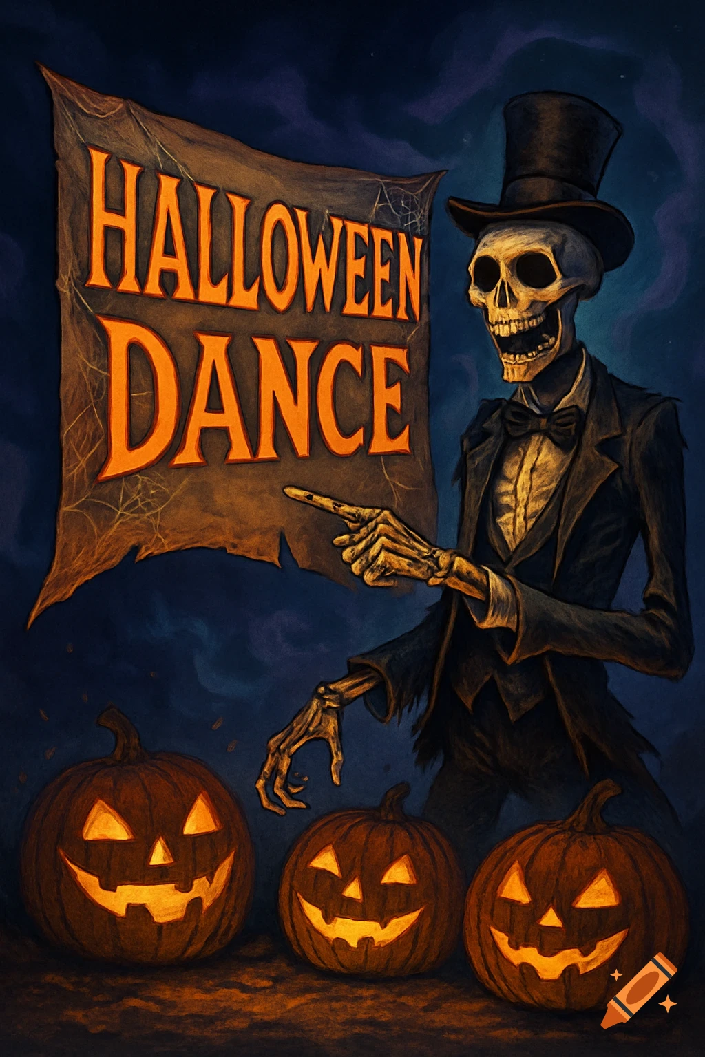 A grinning skeleton in a top hat and suit points at a "HALLOWEEN DANCE" banner, flanked by three glowing jack-o'-lanterns in a stylized, dark illustration.