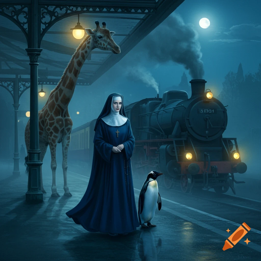 A nun, a giraffe, and a penguin stand on a train platform at night with a train in the background, in a surreal painting style.