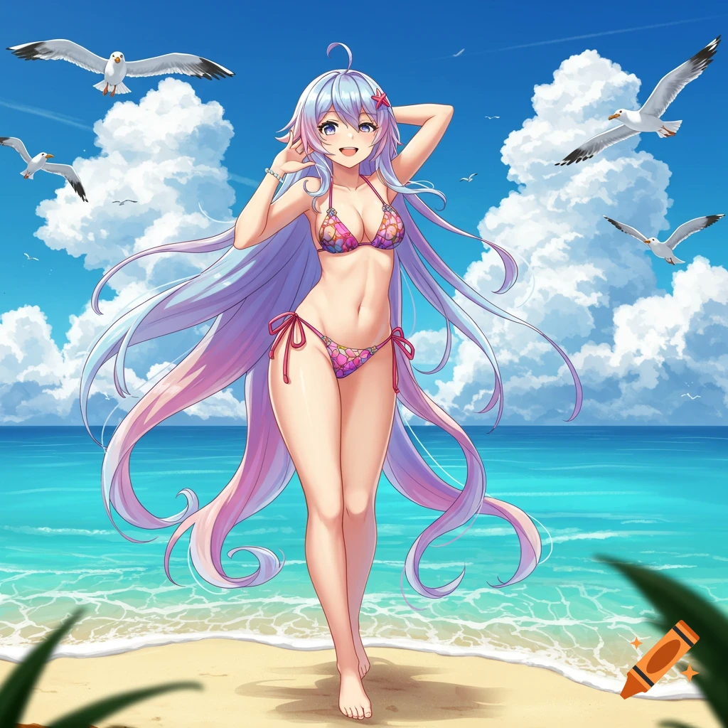 An anime woman with long purple hair wearing a pink floral bikini stands on a sandy beach with seagulls flying under a blue sky.