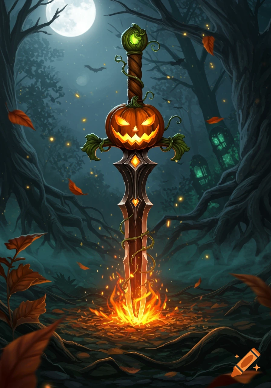 A stylized, glowing pumpkin sword with fire at its base, plunged into a misty, moonlit forest with bats.