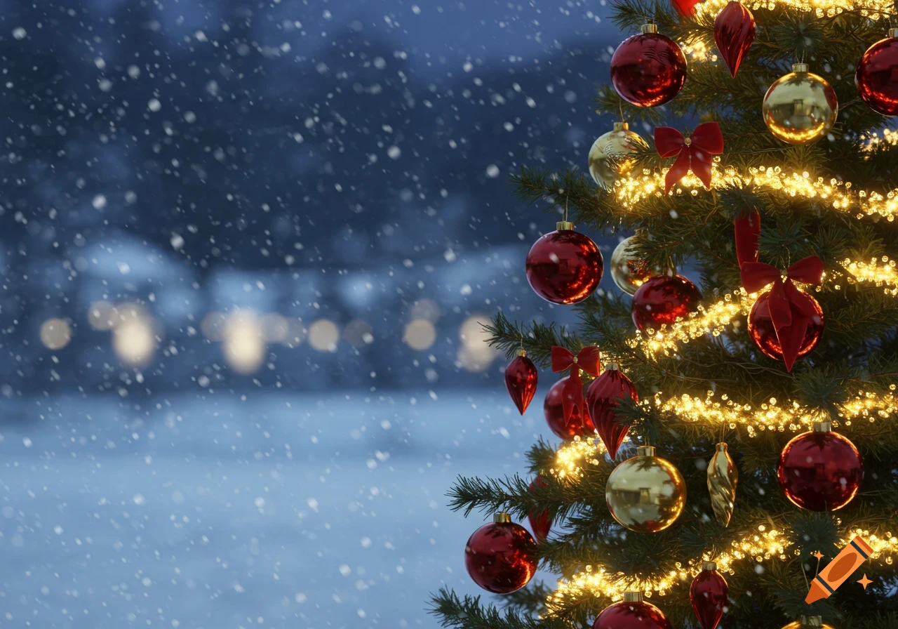 A decorated Christmas tree with red and gold ornaments and twinkling lights against a snowy, blurry blue winter night.