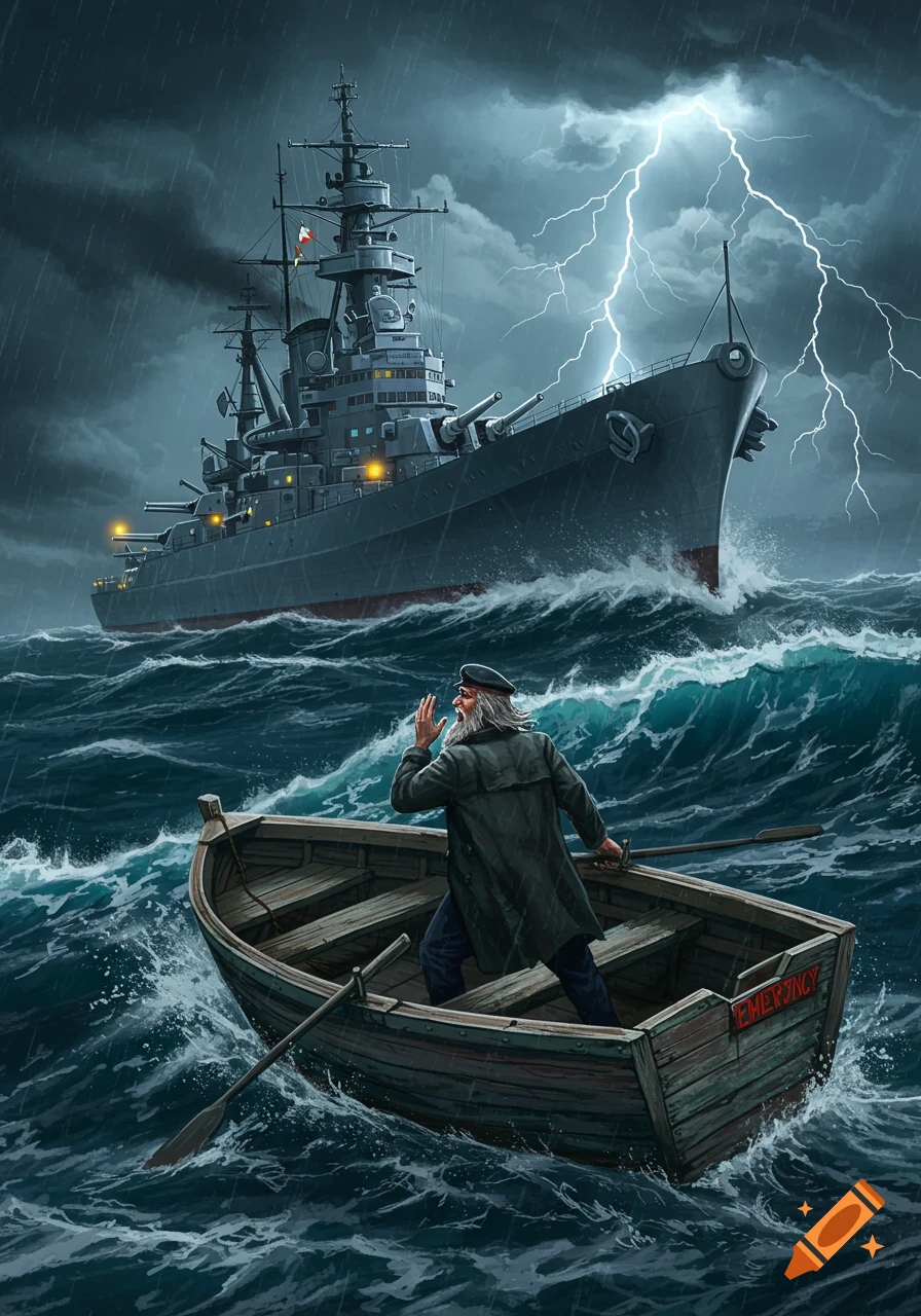 A man in a small rowboat shouts towards a massive battleship under a stormy sky with lightning. Stylized art.
