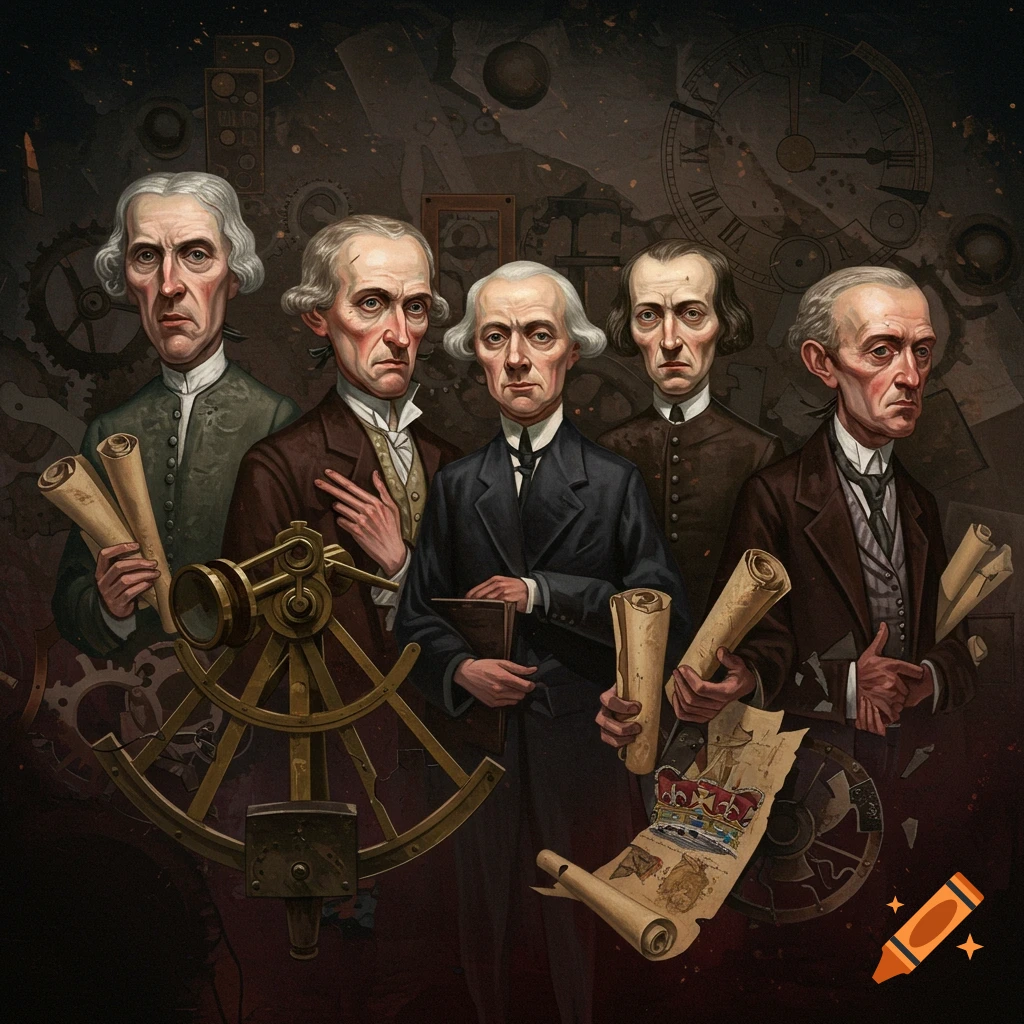 Five pale-faced men in period attire, holding scrolls and an astrolabe, stand against a dark, mechanical background. Painting style.