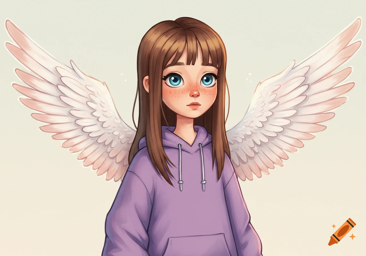 A cartoon girl with long brown hair, bangs, blue eyes, and freckles, wearing a purple hoodie, with white angel wings.