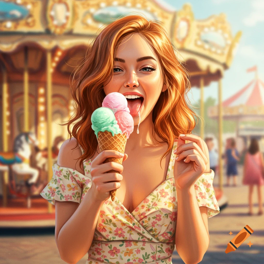 A cheerful woman with reddish-brown hair licks a melting three-scoop ice cream cone at a sunny carnival.