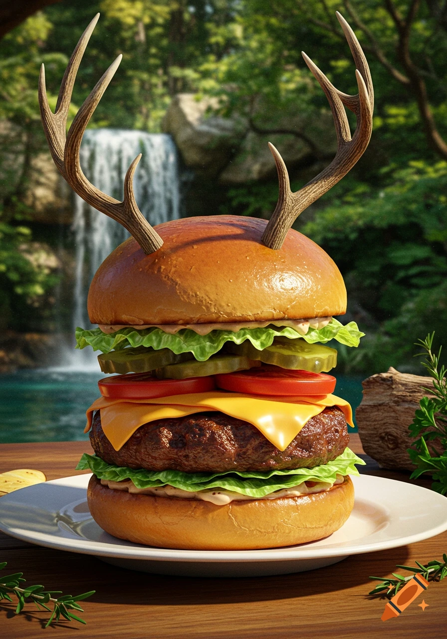 Photorealistic burger with melted cheese, vegetables, and deer antlers on top, against a waterfall and lush forest.