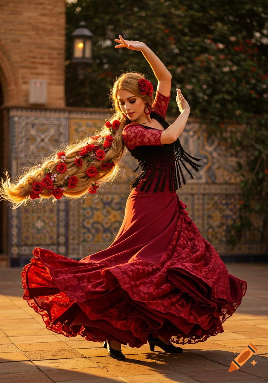 Rapunzel-like woman with rose-decorated long blonde hair dances flamenco in a red dress at sunset, photorealistic.