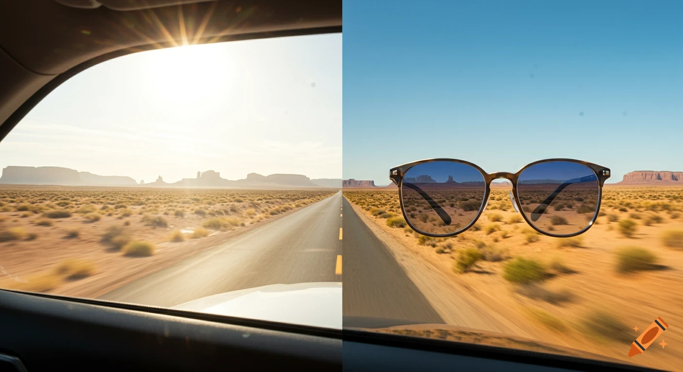 A split image shows a glary desert road view from a car on the left and a clear, polarized view with sunglasses on the right.