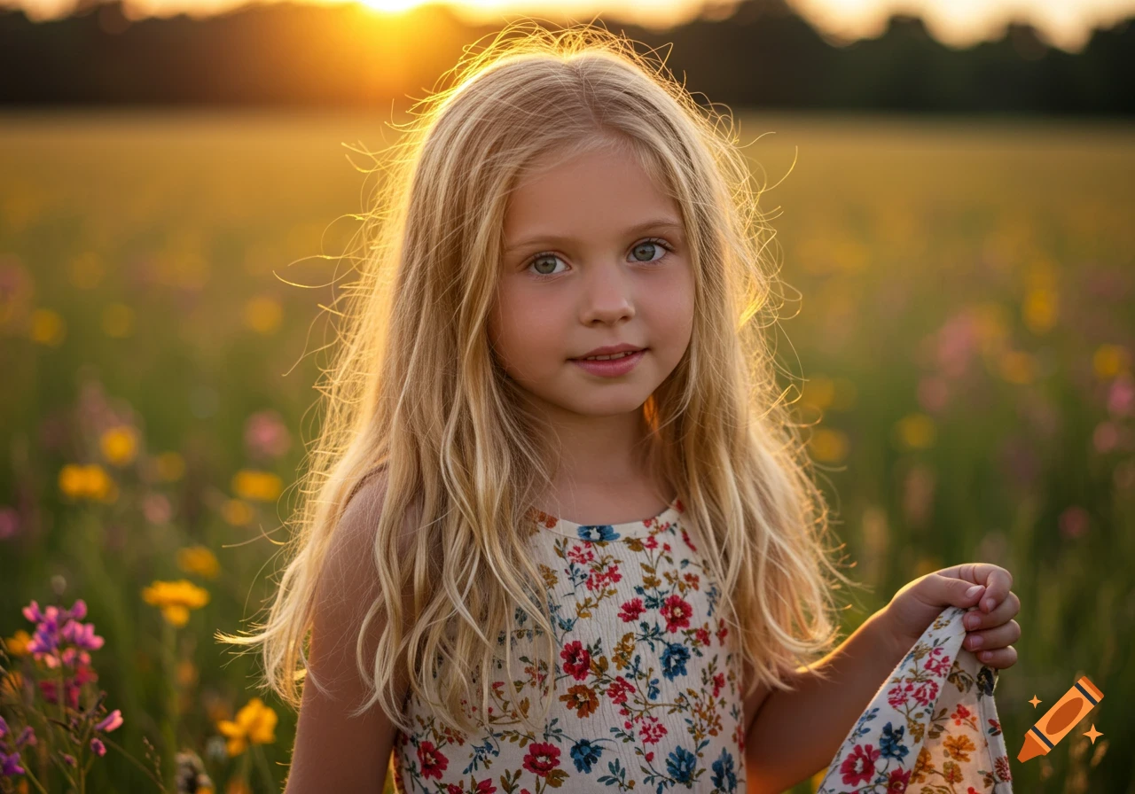 A blonde girl with long hair wearing a floral dress stands in a sunny field during sunset, looking at the viewer.