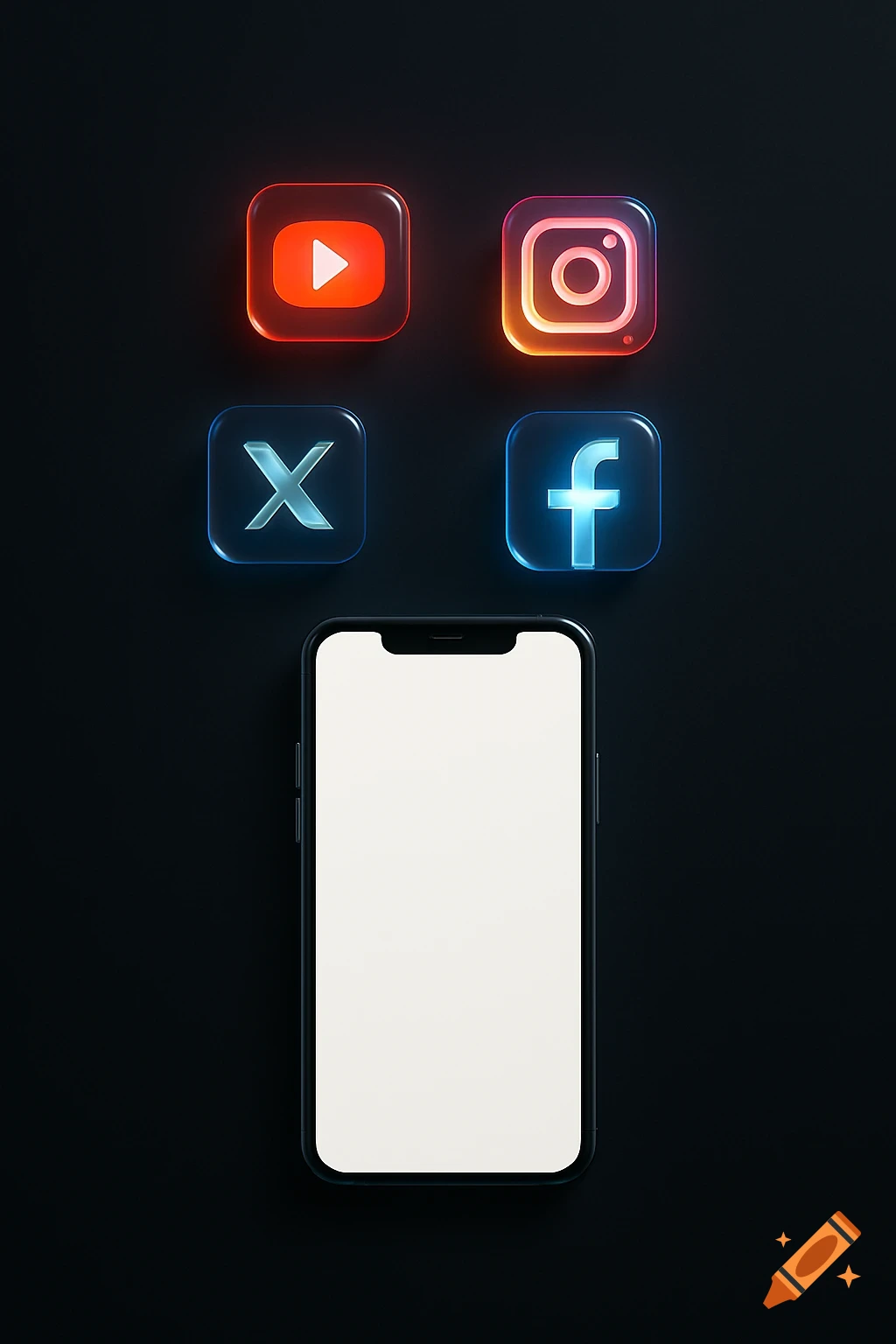 Smartphone mockup with glowing 3D icons for YouTube, Instagram, X, and Facebook on a dark background, modern and sleek.