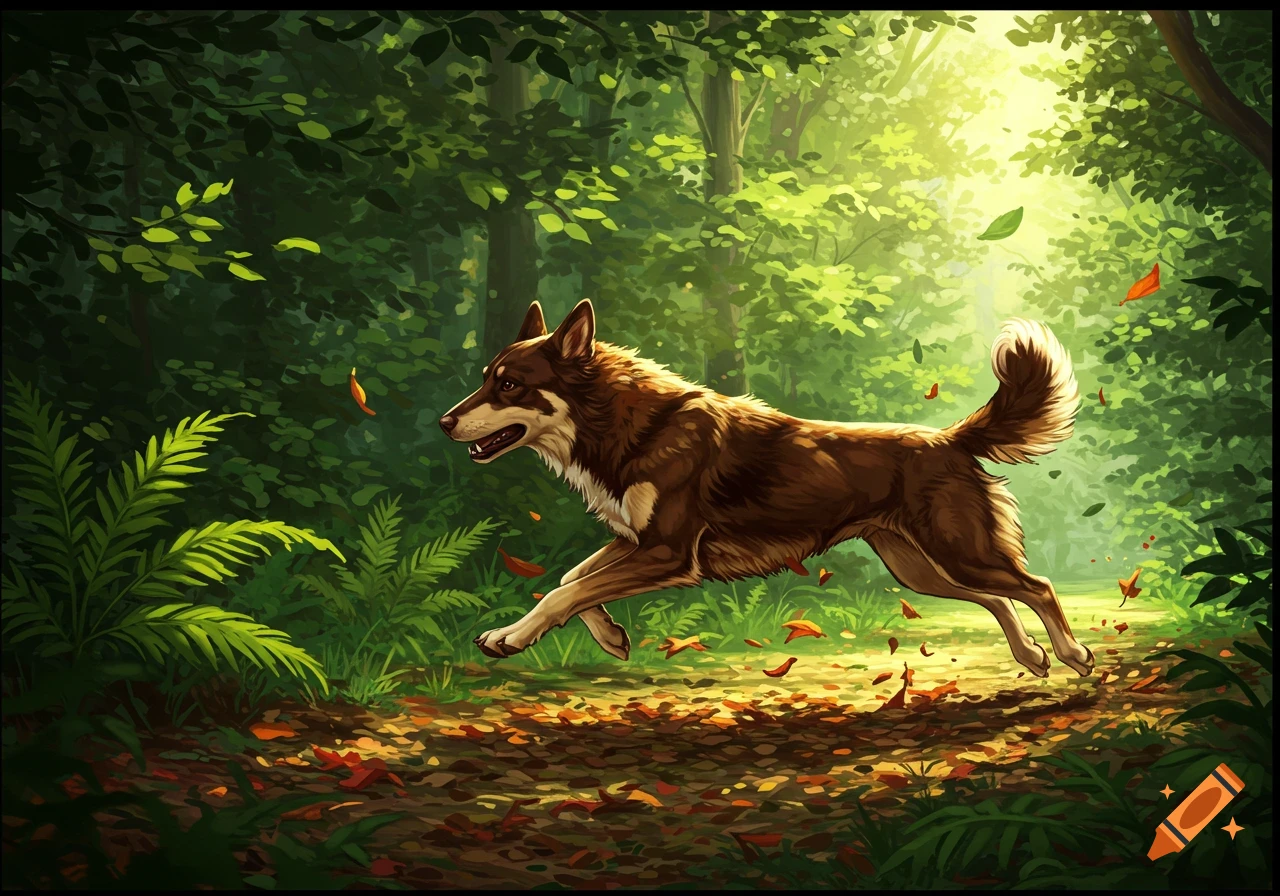 A brown and white dog runs through a sunlit forest path with autumn leaves in a vibrant illustration.