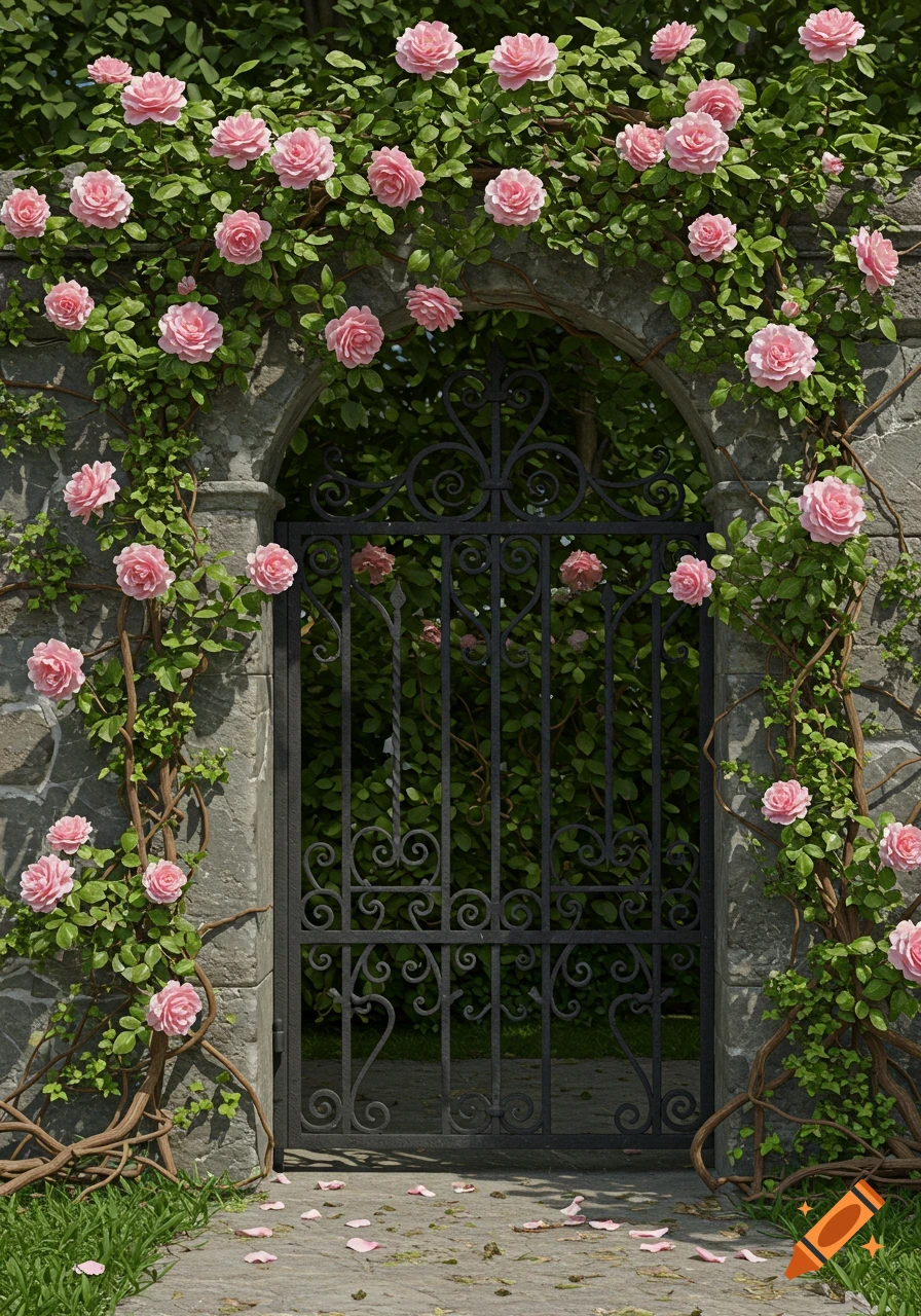 A stone archway covered in pink roses and green vines, framing a black wrought iron gate leading into a garden. Rose petals scatter on the path.