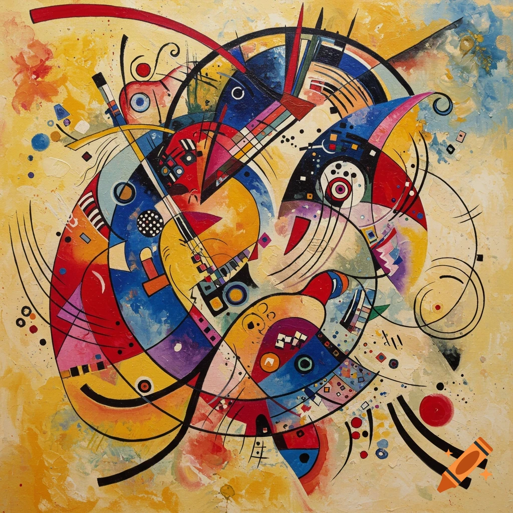 Vibrant abstract painting with geometric shapes, bold colors, and black lines in Kandinsky's style.