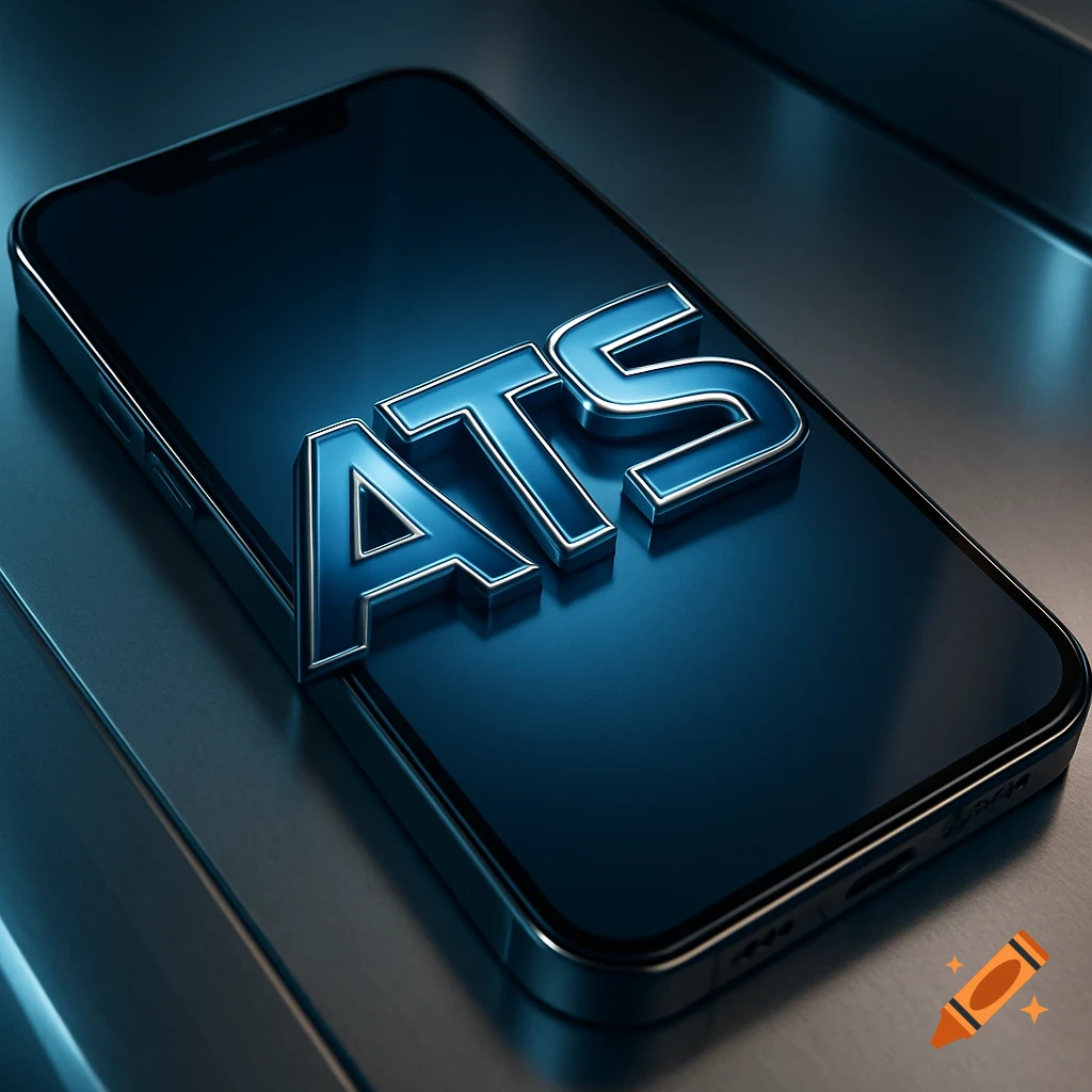 A photorealistic image of a smartphone displaying a blue metallic 3D 'ATS' logo on its screen, resting on a brushed metal surface.