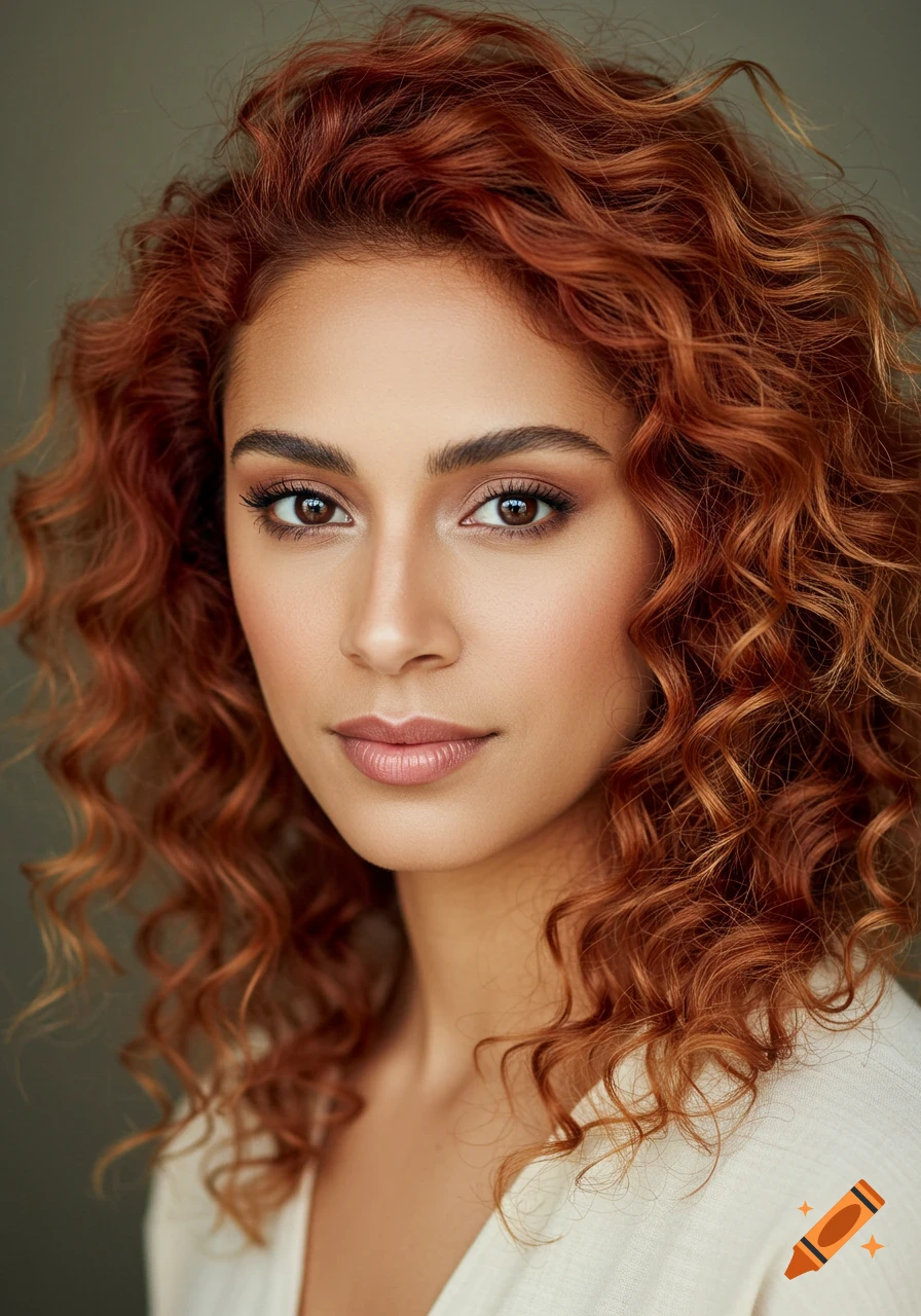 Close-up photorealistic portrait of a woman with reddish-brown curly hair, brown eyes, and light makeup, wearing a light-colored top.