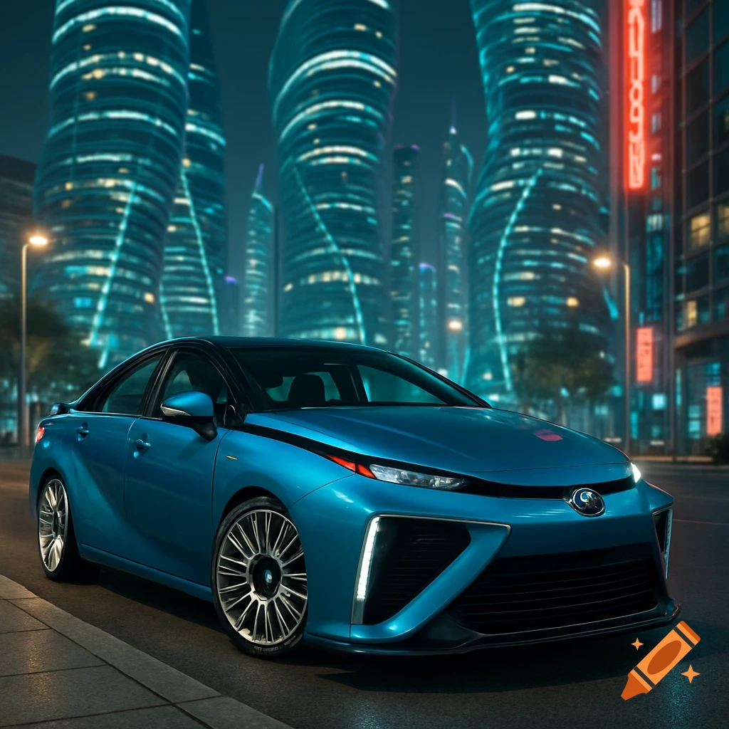A blue Toyota Mirai car parked on a city street at night, with futuristic, swirling skyscrapers and neon signs in the cyberpunk background.