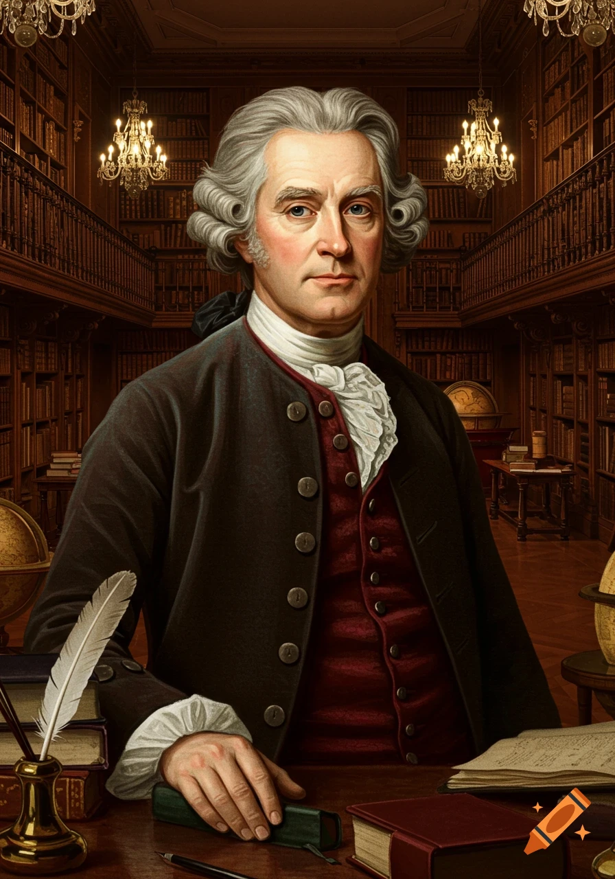 A photorealistic portrait of an 18th-century man with powdered grey hair and formal attire, seated at a desk in a grand library.