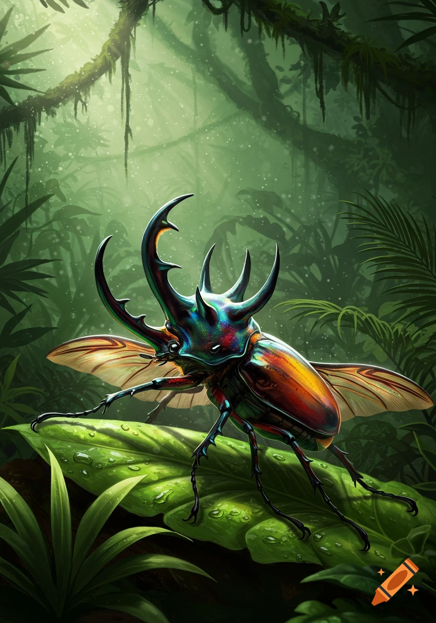 A vibrant, iridescent beetle with multiple horns and partially spread wings rests on a dew-covered green leaf in a lush jungle.