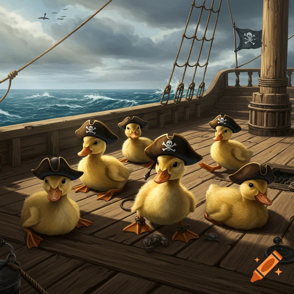 Cute fluffy ducklings in pirate hats on a wooden ship deck under a stormy sky, with a pirate flag in the background.