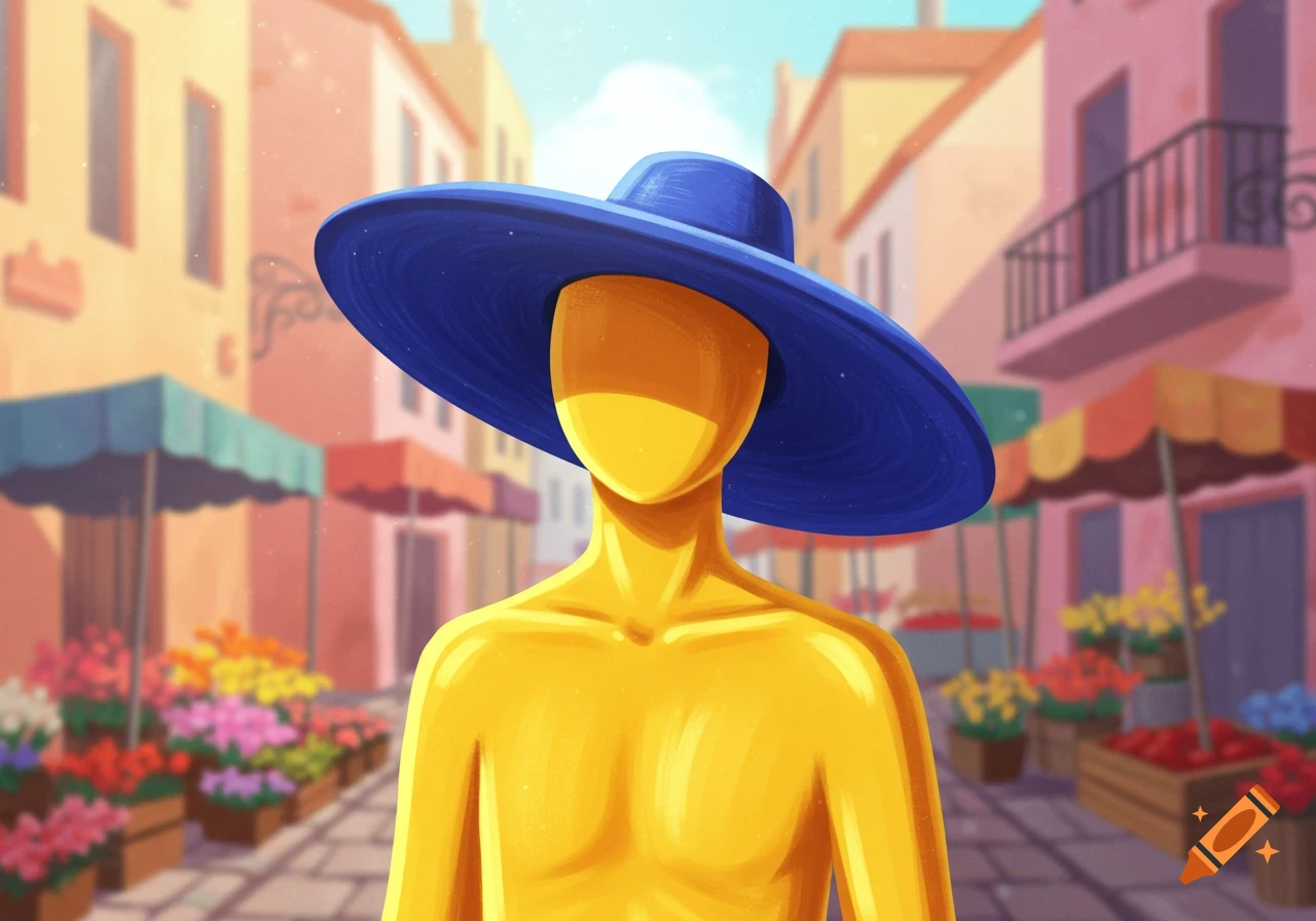 A faceless, yellow, stylized person wearing a large blue hat stands in a brightly colored European-style street market.