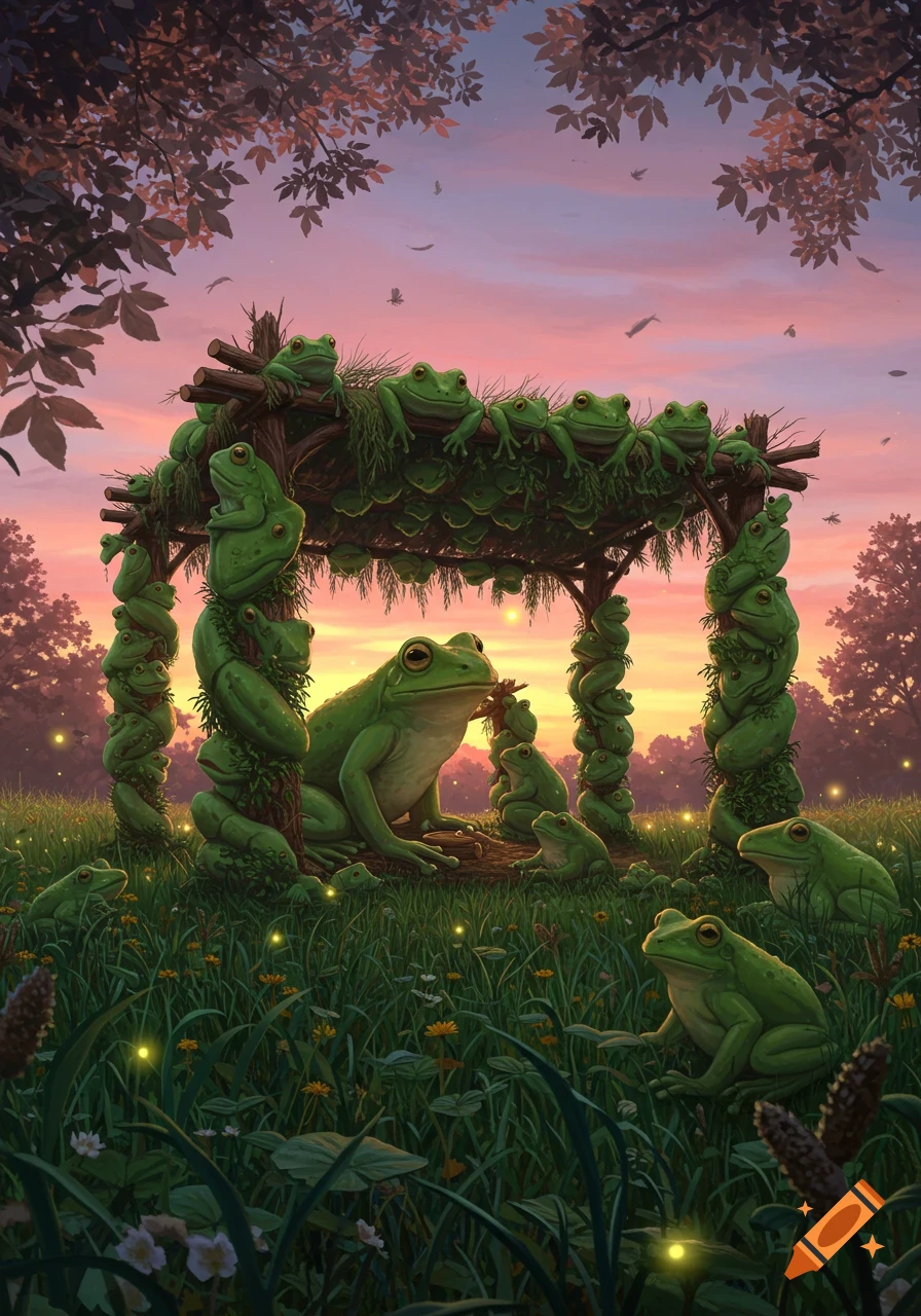 Many green frogs gather around and on a rustic wooden shelter in a lush, grassy field at sunset, with fireflies glowing in a fantasy illustration.
