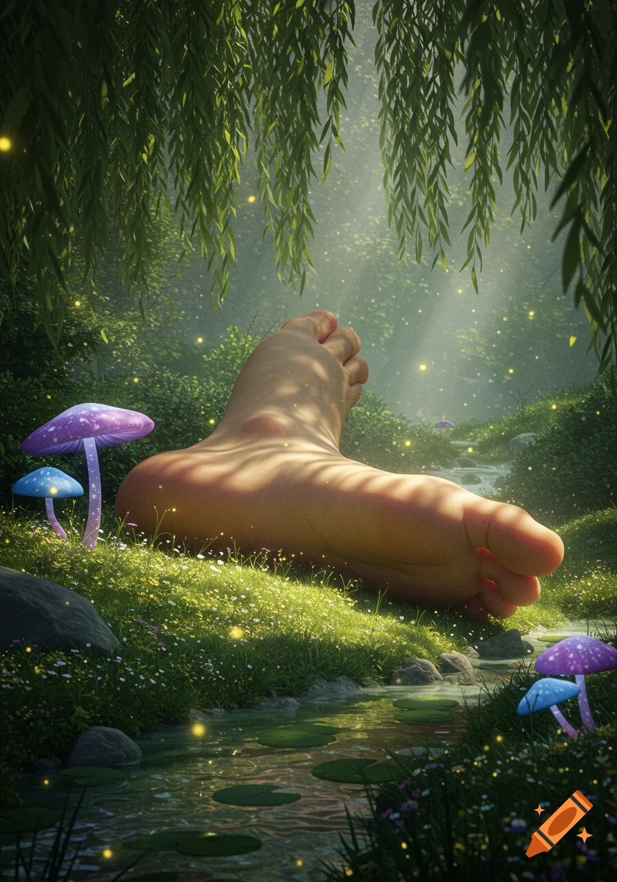 A giant, photorealistic foot rests in a lush green fantasy forest with glowing fireflies, a stream, and vibrant purple and blue mushrooms.