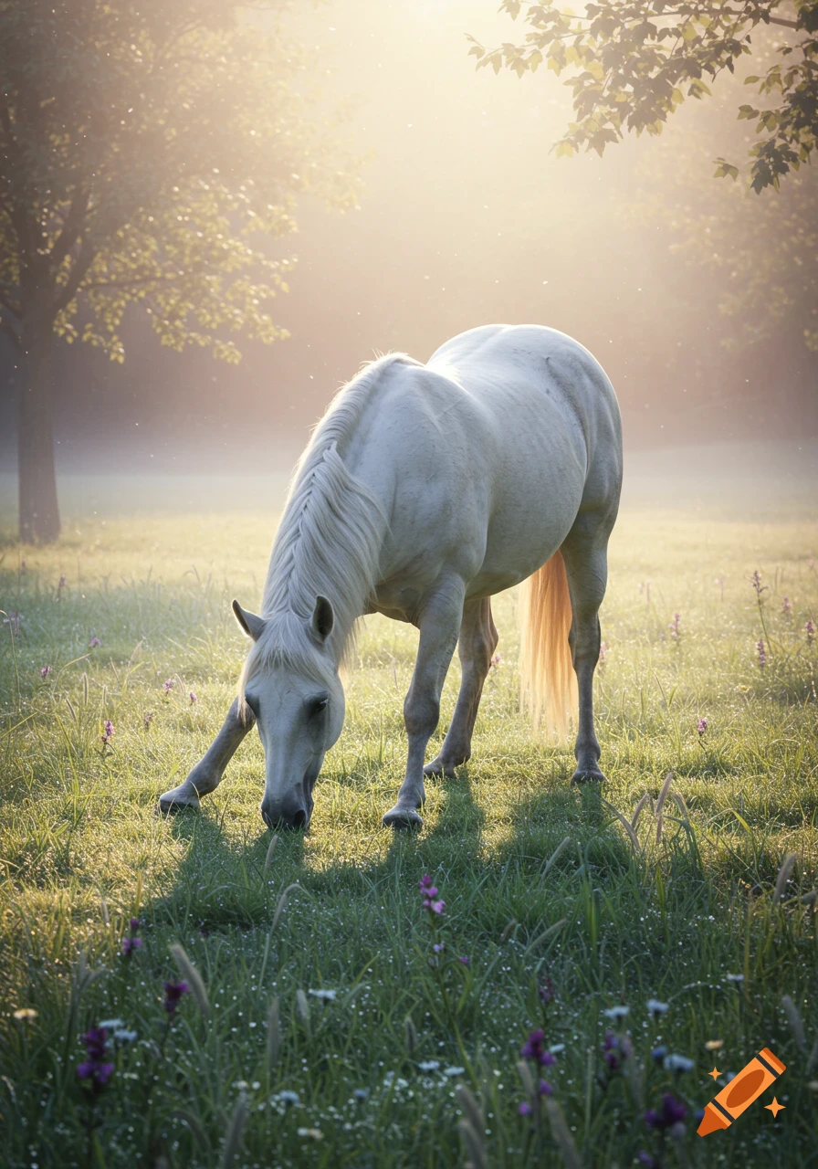 A white horse grazes in a misty, sunlit field with wildflowers at dawn or dusk.