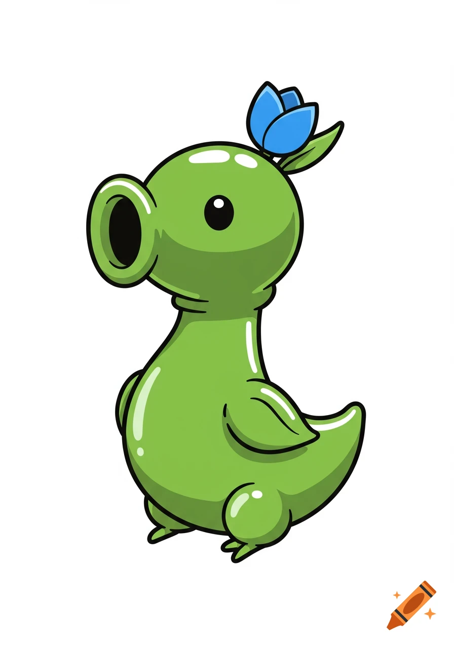 A cute green cartoon creature with a peashooter head, big eyes, and a blue tulip on its head, with glossy highlights.