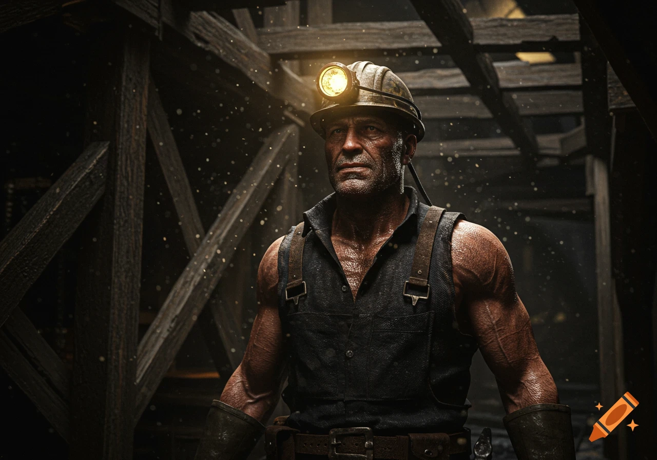 A determined male miner, lit by his headlamp, stands in a dark mine with wooden supports, covered in sweat and dust.