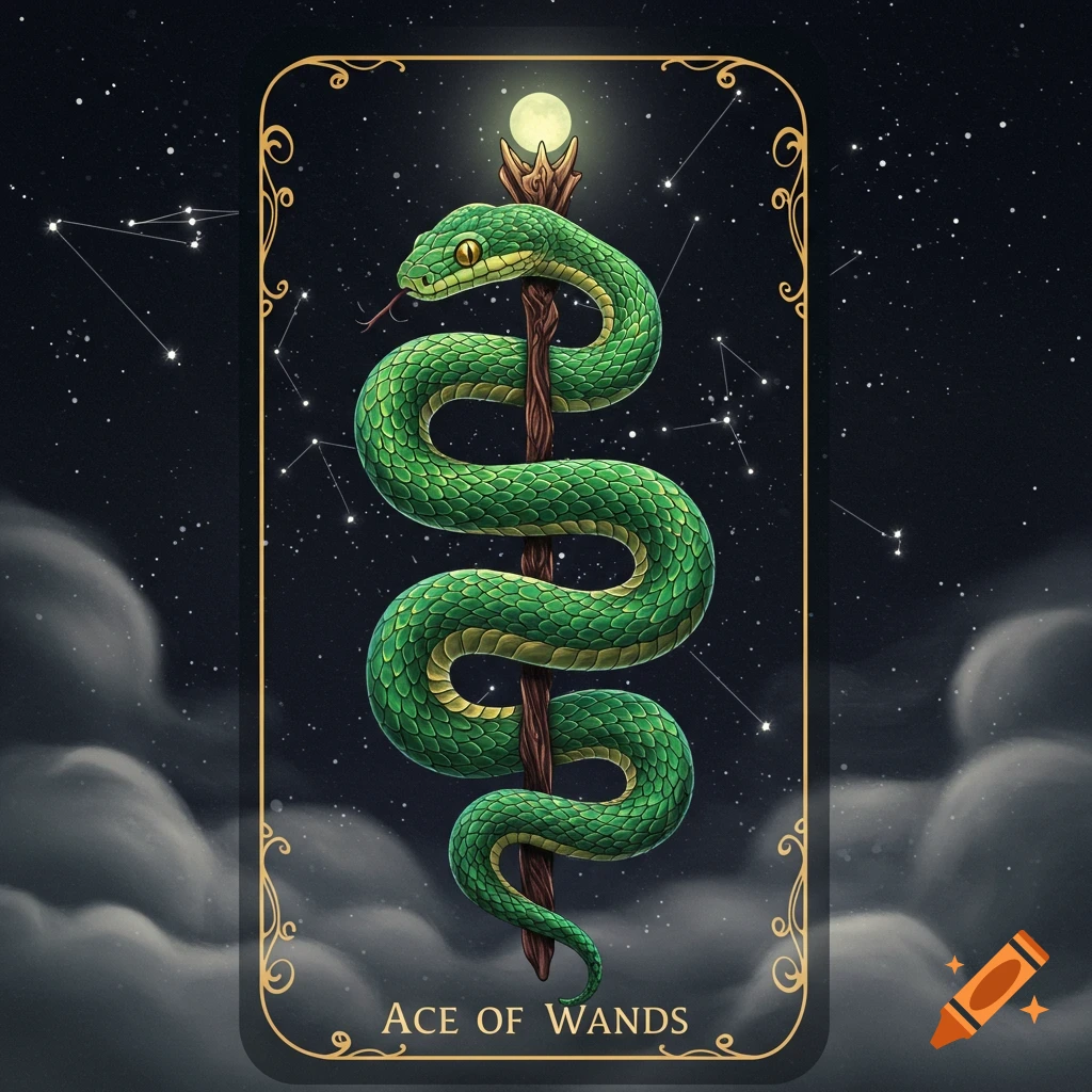 A vibrant green snake with a yellow belly coiled around a brown, gnarled staff topped with a glowing orb, depicted on a tarot card titled 'ACE OF WANDS' against a starry night sky.