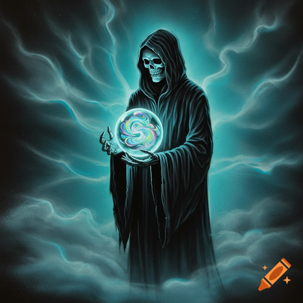 A hooded skeletal figure (Grim Reaper) holds a glowing, swirling crystal ball amidst mystic teal clouds in an airbrush style.