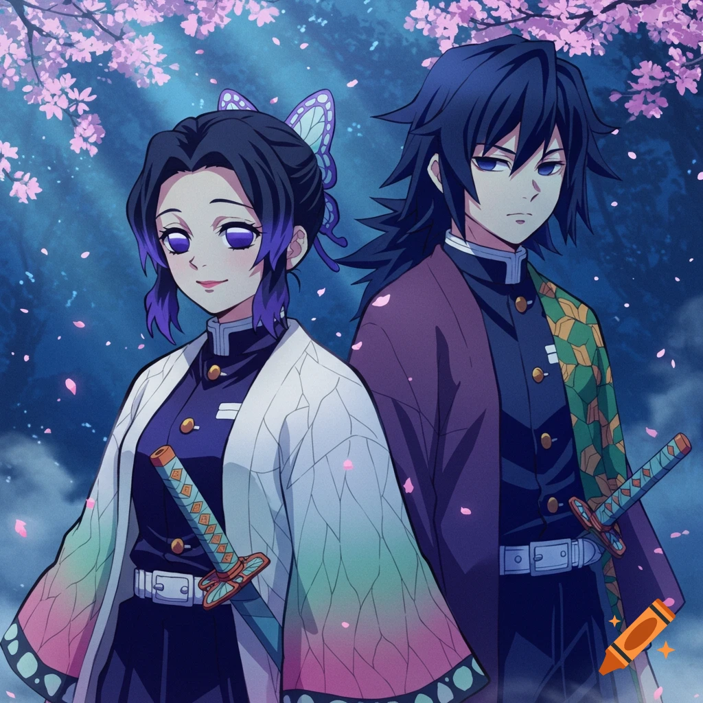 Anime illustration of Shinobu Kocho and Giyu Tomioka from Demon Slayer standing under cherry blossoms.