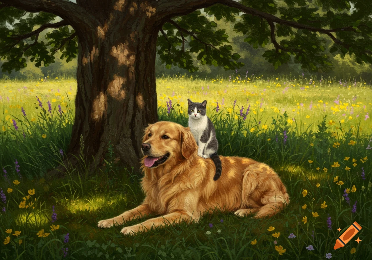 A golden retriever dog lies in a sunny wildflower field with a tabby cat sitting on its back, under a large tree. Painterly style.