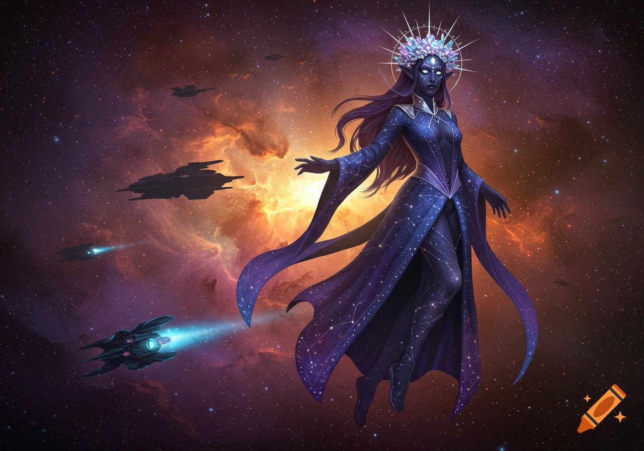 A dark-skinned goddess with a jeweled crown and constellation-patterned dress floats in a vibrant cosmic nebula with spaceships.