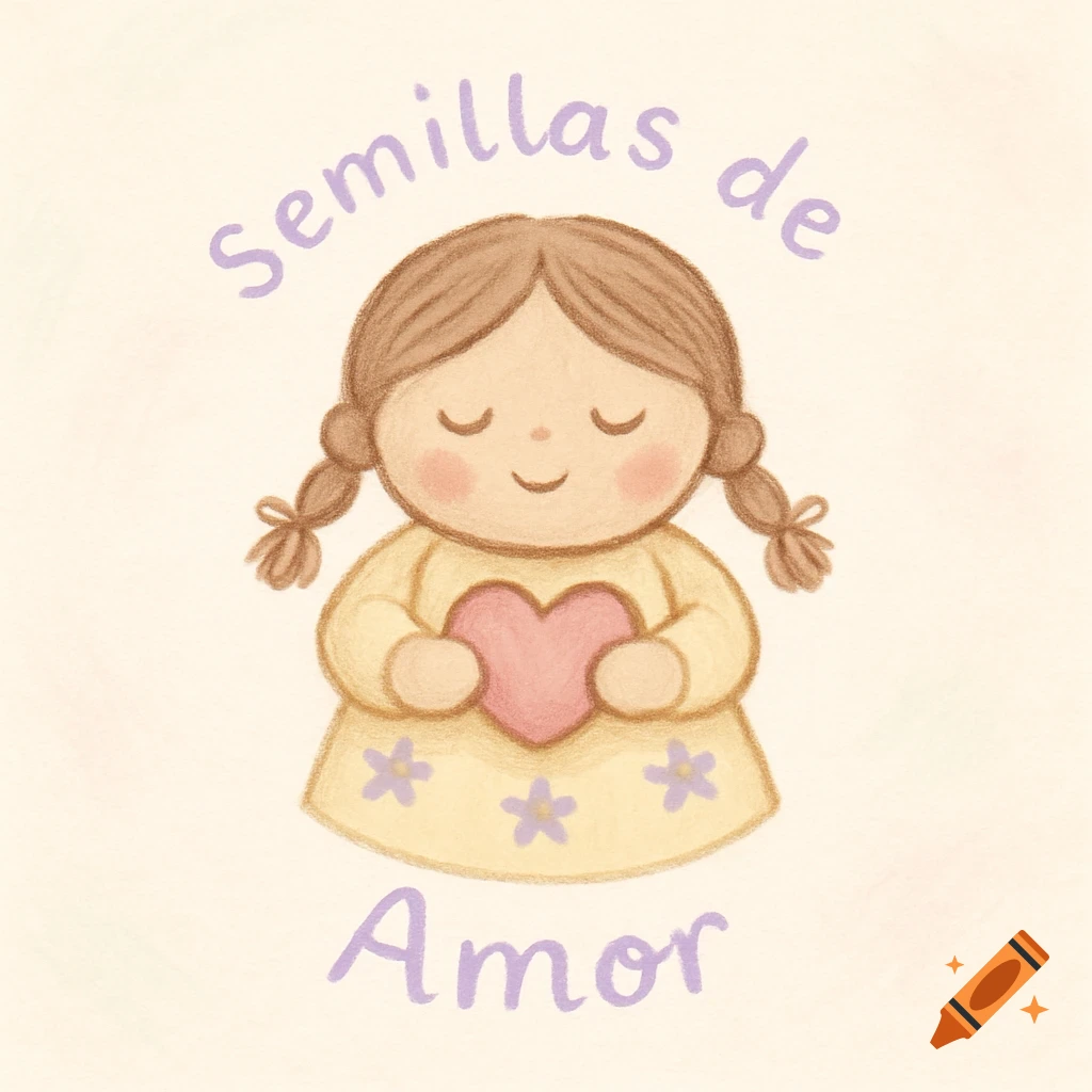 A cute, light brown-haired cartoon girl with pigtails, wearing a yellow dress and holding a pink heart. The text "Semillas de Amor" is above and below her.