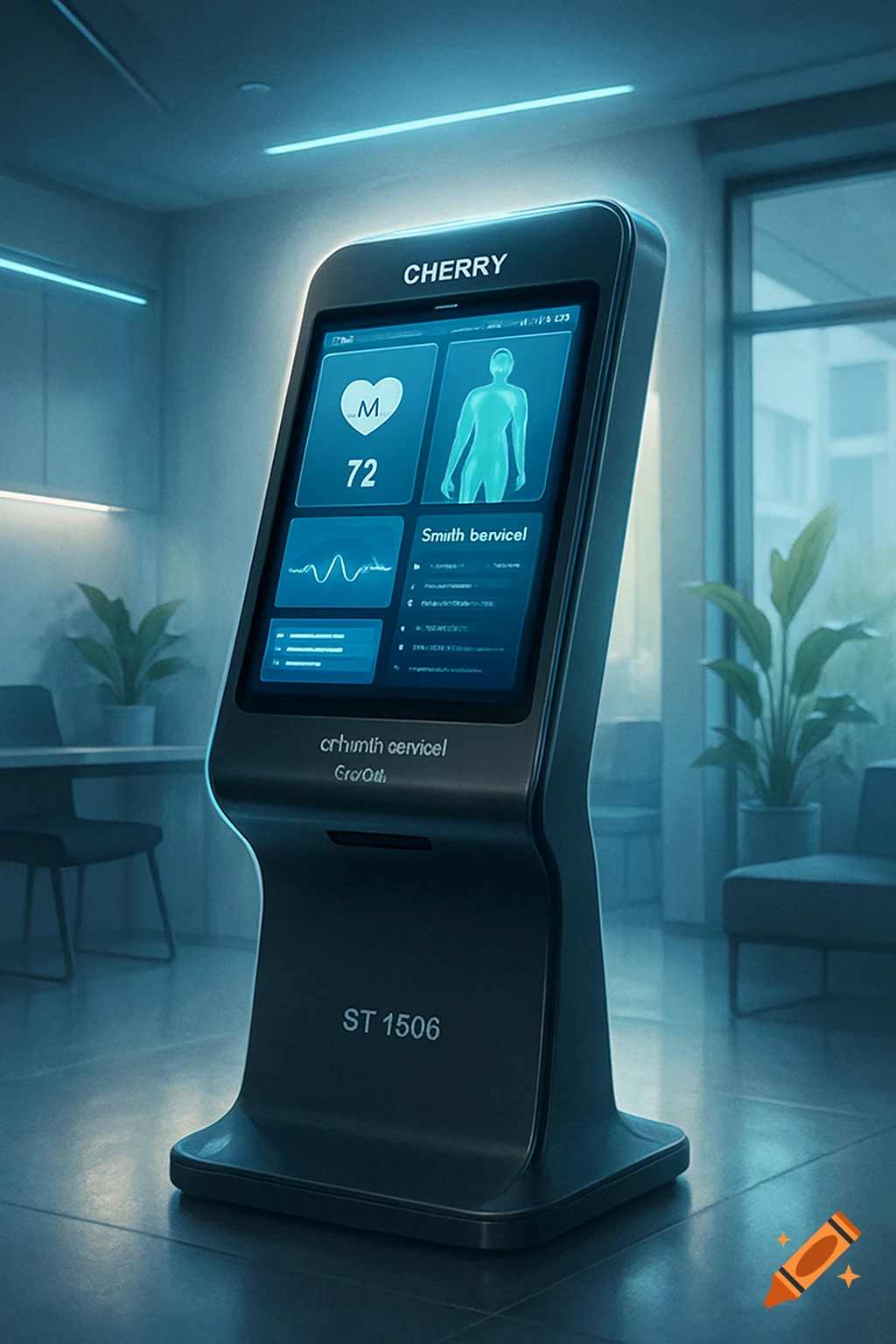 A futuristic 'CHERRY eHealth Terminal ST-1506' displaying health data, including a heart rate, a human silhouette, and various graphs, in a modern, brightly lit office or medical setting.