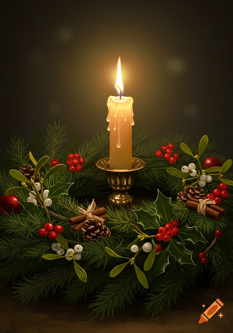 A lit candle in a brass holder surrounded by a festive evergreen wreath with holly, mistletoe, red berries, pinecones, and cinnamon sticks.