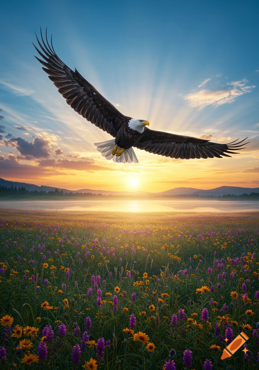 A bald eagle soars over a vibrant field of yellow and purple wildflowers at sunset, with a lake and mountains.