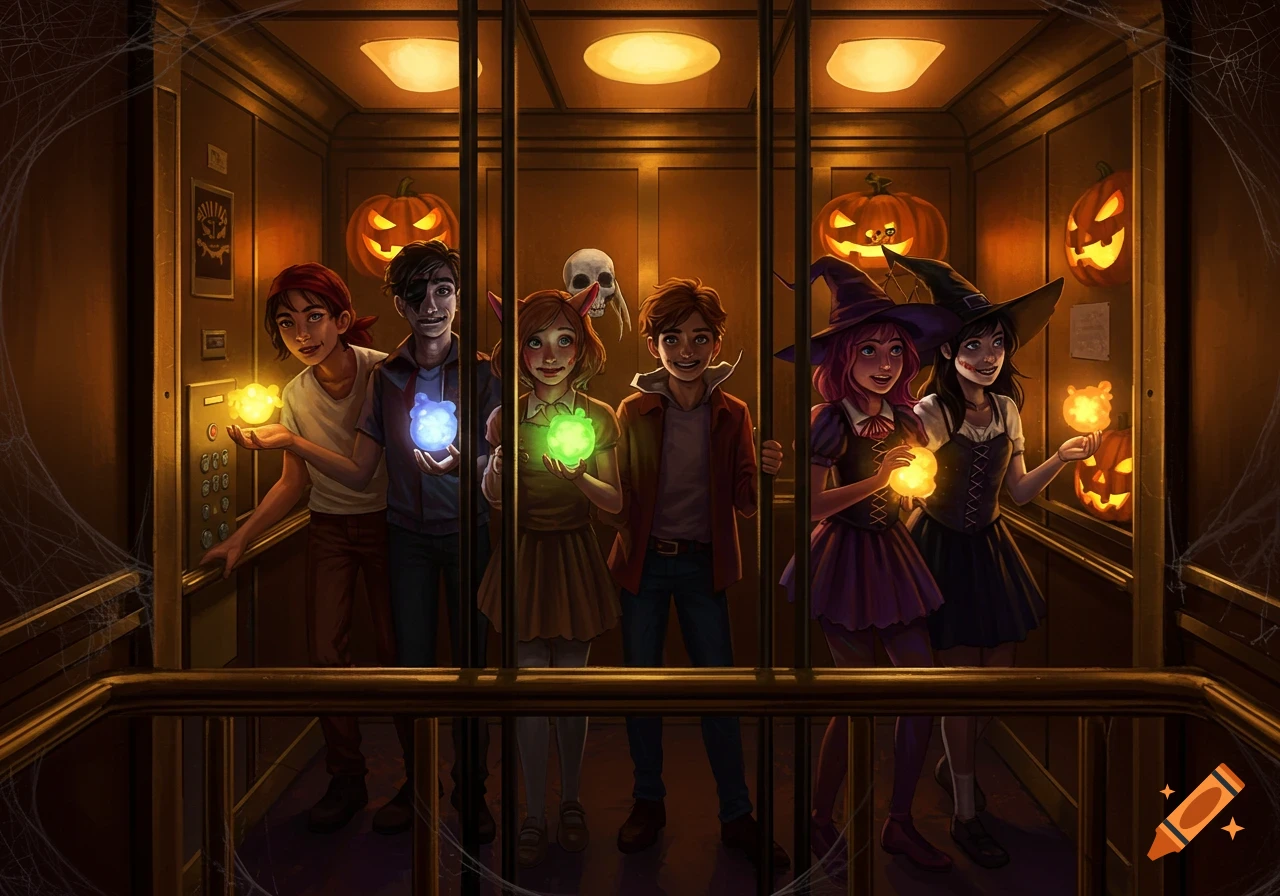 A group of six teenagers in Halloween costumes stand inside a spooky, cobweb-laden elevator, holding glowing, orb-like objects. Jack-o'-lanterns adorn the walls.