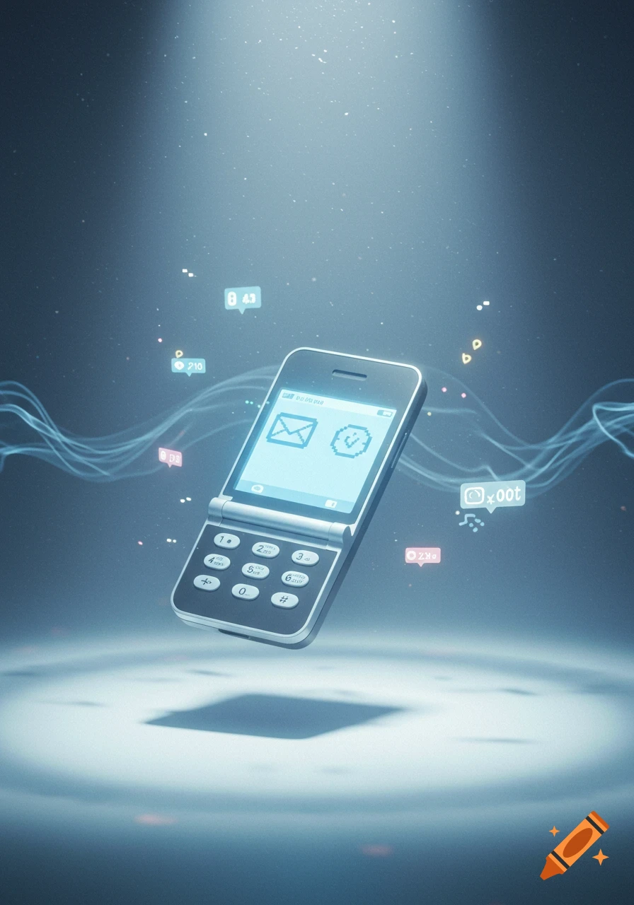 A retro flip phone floats in a stylized digital space, with glowing pixelated icons on its screen and social media bubbles around it. The background is a soft blue with light effects.