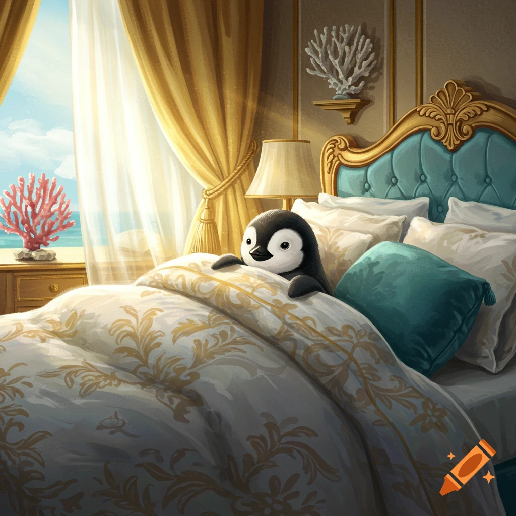 A cute baby penguin peeks out from under a patterned duvet in a luxurious bedroom with an ocean view.