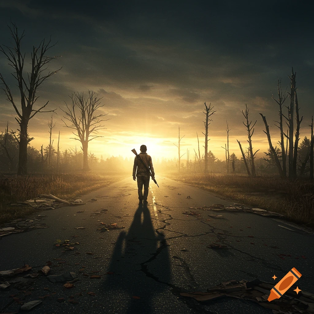 A lone figure carrying a rifle walks on a cracked road through a desolate, post-apocalyptic landscape under a dramatic sunset.
