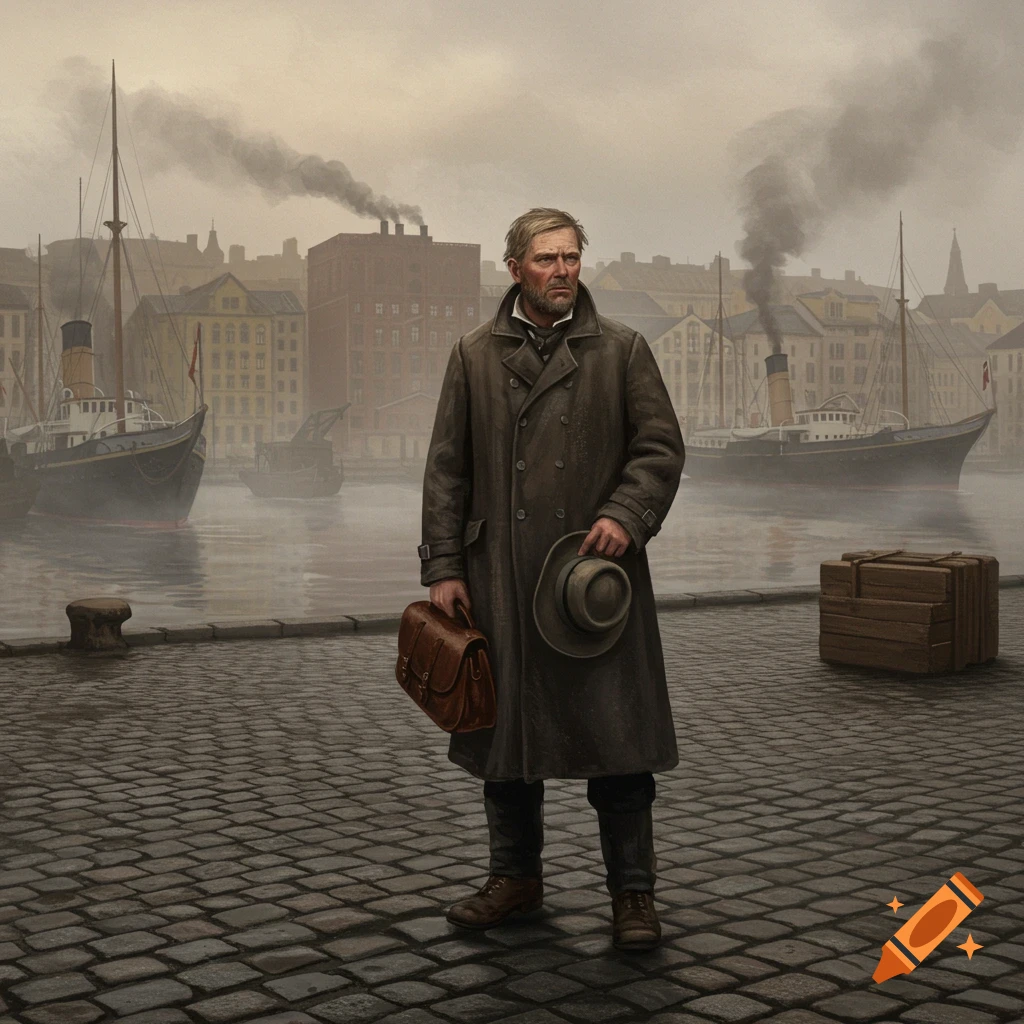 A serious Norwegian emigrant stands on a cobblestone dock in a foggy 1900s Oslo harbor, holding a hat and satchel.