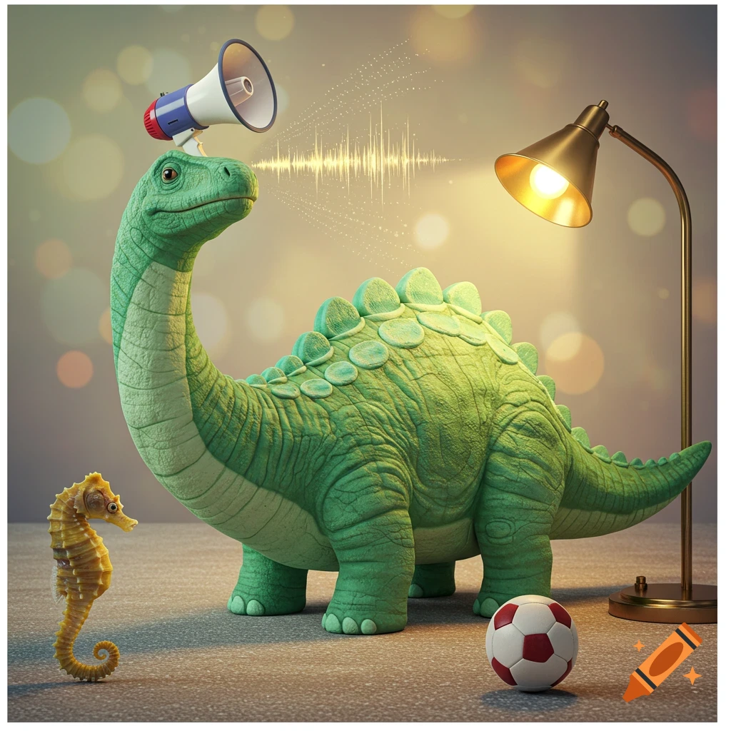 A whimsical 3D render of a green dinosaur wearing a megaphone, with a seahorse, soccer ball, and a lamp.