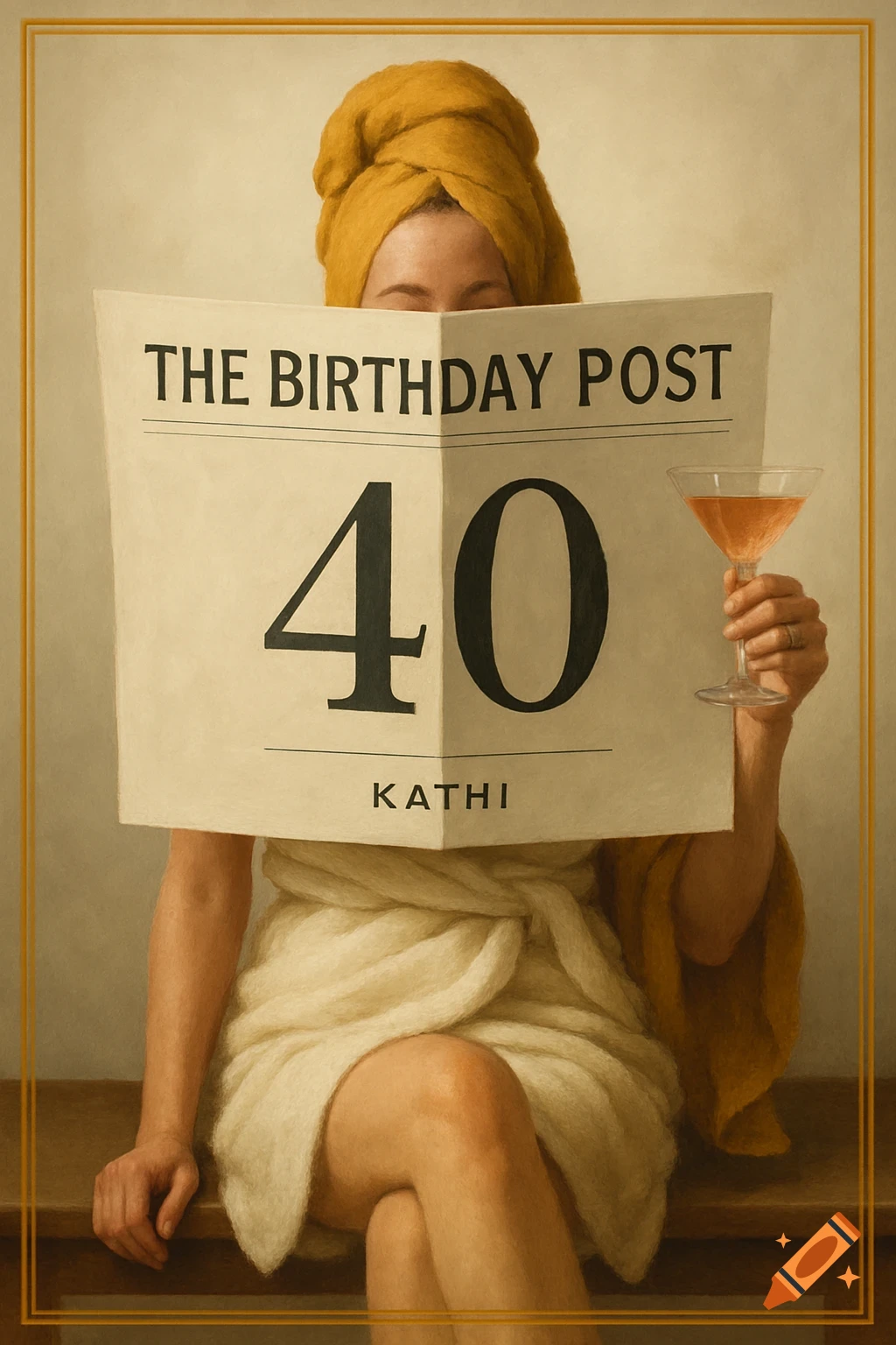 A woman in a towel with a yellow turban holds a newspaper reading 'The Birthday Post', '40', 'KATHI', and a cocktail glass, painted realistically.