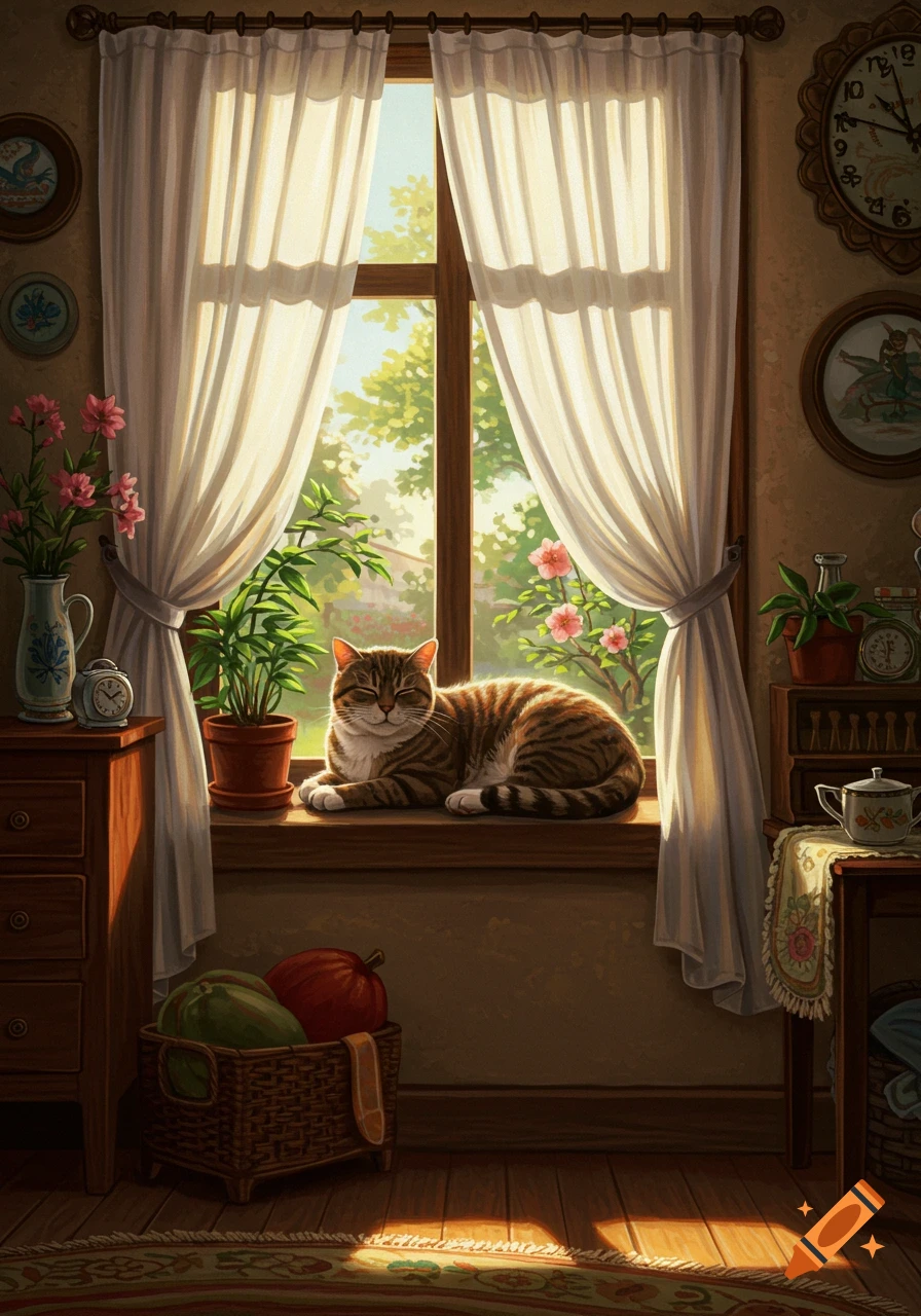A tabby cat sleeps soundly on a sunlit windowsill in a cozy room, surrounded by plants, white curtains, and rustic decor.