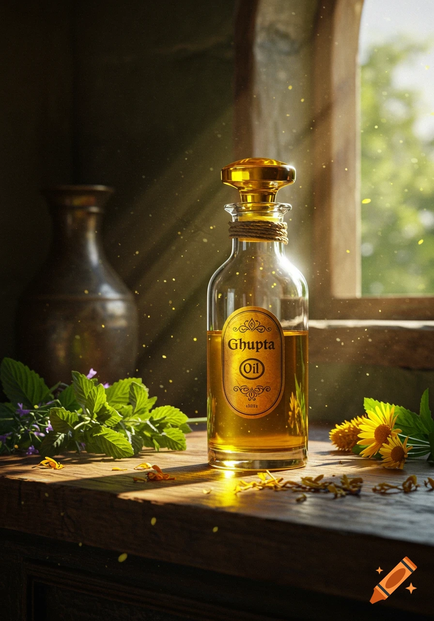 Photorealistic close-up of a glass bottle of 'Ghupta Oil' on a wooden surface with herbs and flowers, lit by golden sunlight.